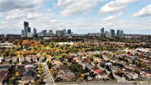 An aerial view of the Mississauga city on a sunny day